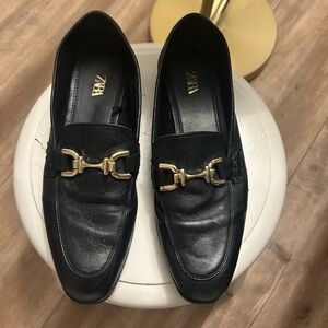 Zara Black Leather Loafers with Gold Horsebit